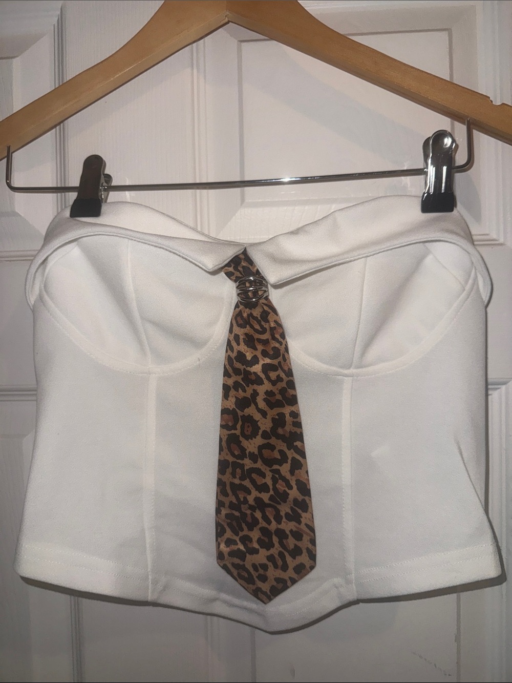 White Strapless Bustier Top with Leopard Tie Accent